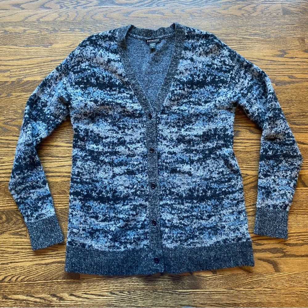 Athleta Cardigan Sweater Women's medium gray sweater merino wool preppy classic